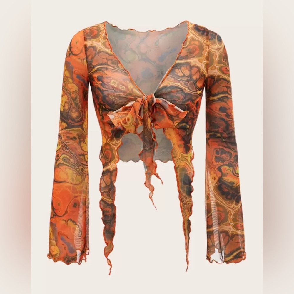 NWT Bohemian Sheer Long Sleeve Tie-Front Top – Orange Brown
